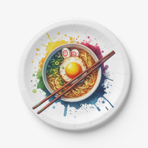 A Bowl of Ramen Noodles and Chopsticks Paper Plate