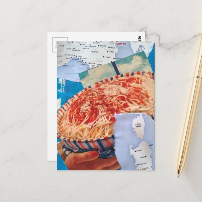 a Bowl of Spaghetti and Italy Collage Postcard (Front/Back In Situ)