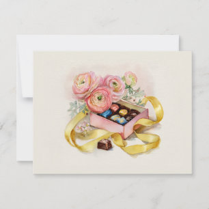 A box of assorted chocolates with pink flowers   holiday card