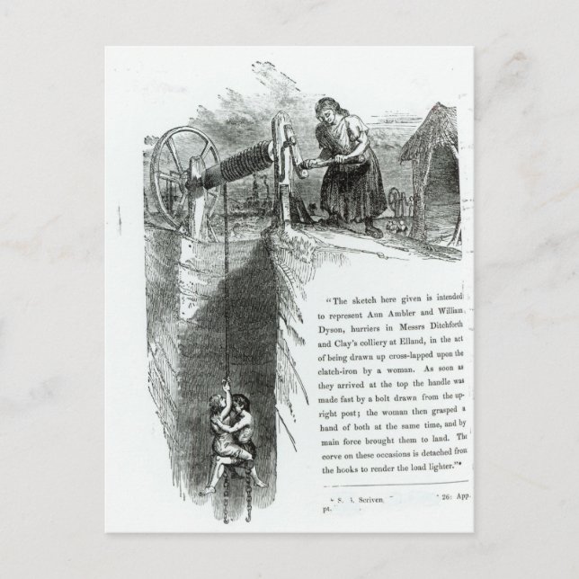 A boy and girl being wound up a mine shaft postcard (Front)