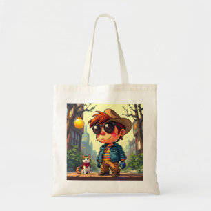 A boy and his cat on a city street tote bag