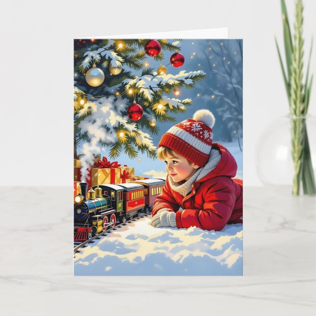 A Boy and his Christmas Train Old-Fashioned Holiday Card (Front)