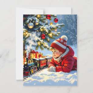 A Boy and his Christmas Train Old-Fashioned Postcard