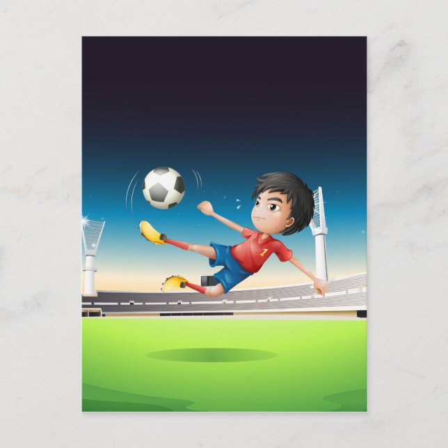 A boy in a red uniform at the soccer field postcard (Front)