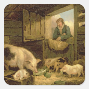 A Boy Looking into a Pig Sty, 1794 (oil on canvas) Square Sticker