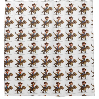 A boy riding a T-Rex shower curtain