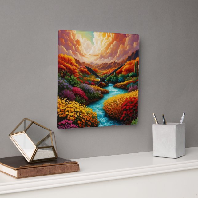 A Breathtaking Fantasy Landscape AI Art - Xzendor7 Square Wall Clock (Office)