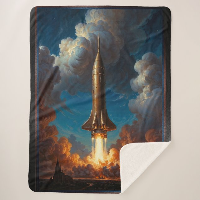 A Breathtaking Retro Fusion Rocket Launch Sherpa Blanket (Front)