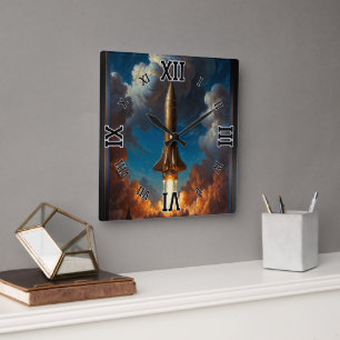 A Breathtaking Retro Fusion Rocket Launch Square Wall Clock