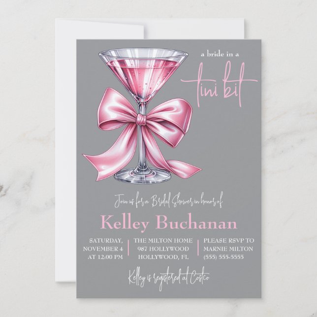 A Bride in a Tini Bit, Pink Martini Bridal Shower Invitation (Front)