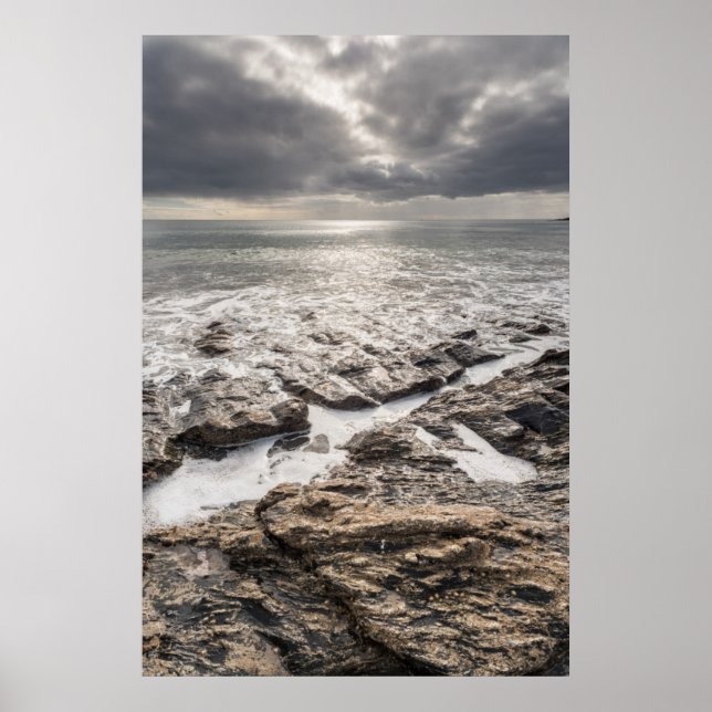 A Bright But Cloudy Day At Porthcurnick Beach Poster (Front)