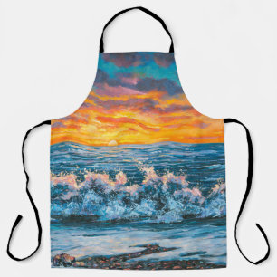 A bright sunset during a storm. An oil painting on Apron
