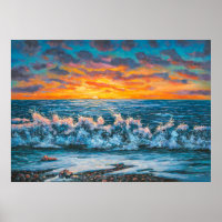 A bright sunset during a storm. An oil painting on