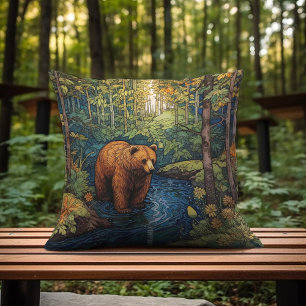 A Brown Bear Drinking From The Creek Cushion