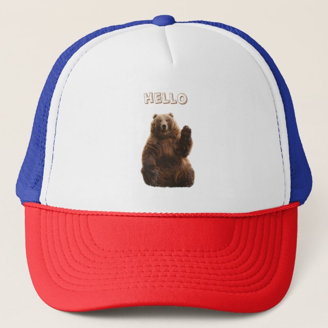 A brown bear says hello trucker hat (Front)