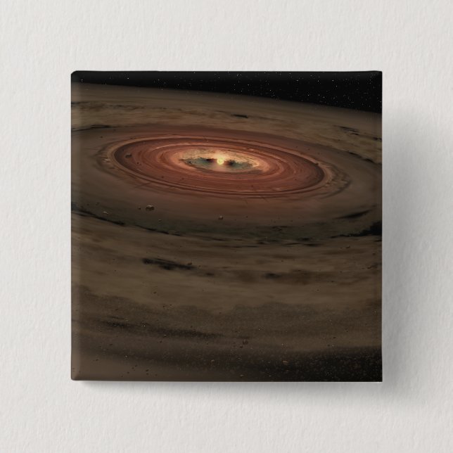 A brown dwarf surrounded by a swirling disc 15 cm square badge (Front)
