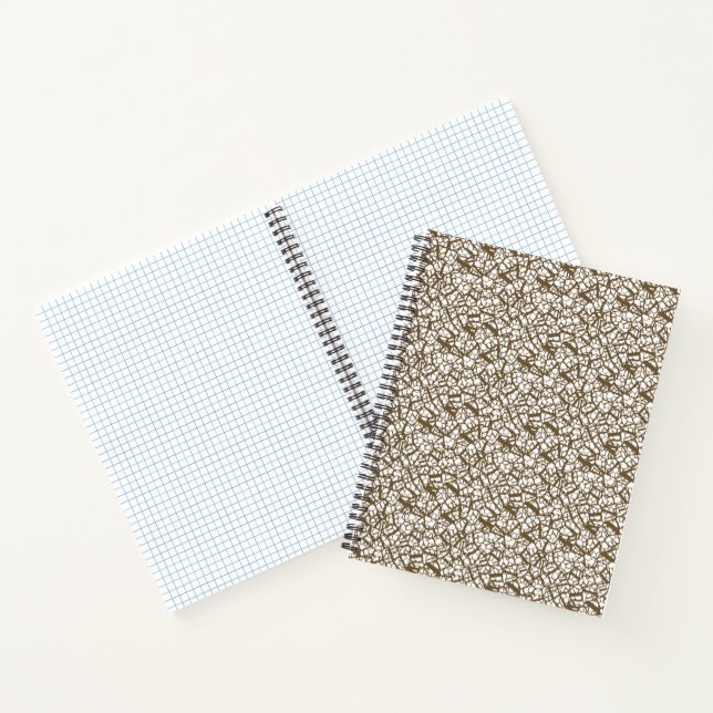 A brown rug with a geometric motif is partially co notebook (Inside)