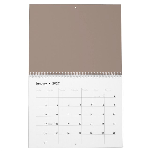 a brown wall with a clock on it calendar (Jan 2027)