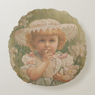 "A Budding Easter" Vintage Illustration, ca. 1890 Round Cushion