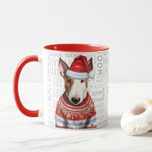 A Bull Terrier Santa in a Sweater Woof Background Mug