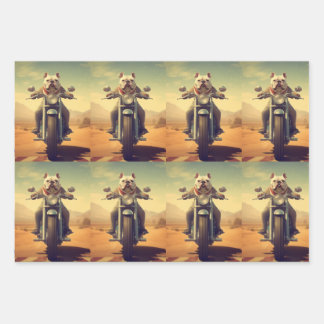 A Bulldog Riding a Motorcycle in the Desert Wrapping Paper Sheet