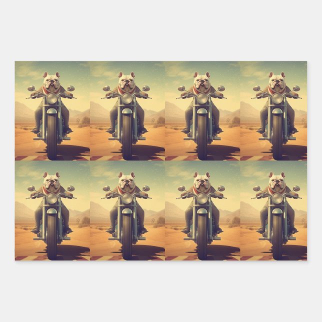 A Bulldog Riding a Motorcycle in the Desert Wrapping Paper Sheet (Front 3)