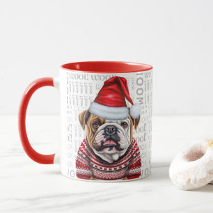 A Bulldog Santa in a Sweater on Woof Background Mug