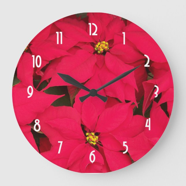 A bunch of Bright Red Christmas Poinsettias Large Clock (Front)