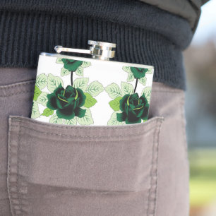 a bunch of green flowers on a white background hip flask
