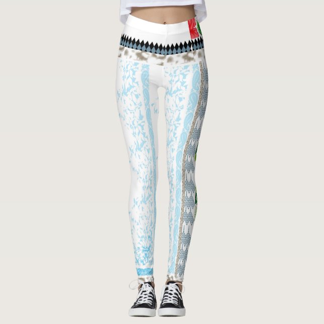 a bunch of green flowers on a white background leggings (Front)