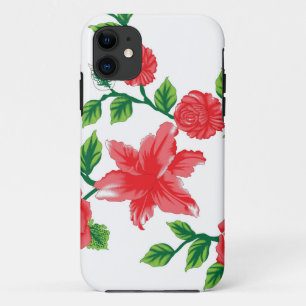 a bunch of red flowers on a white background iPhone 11 case