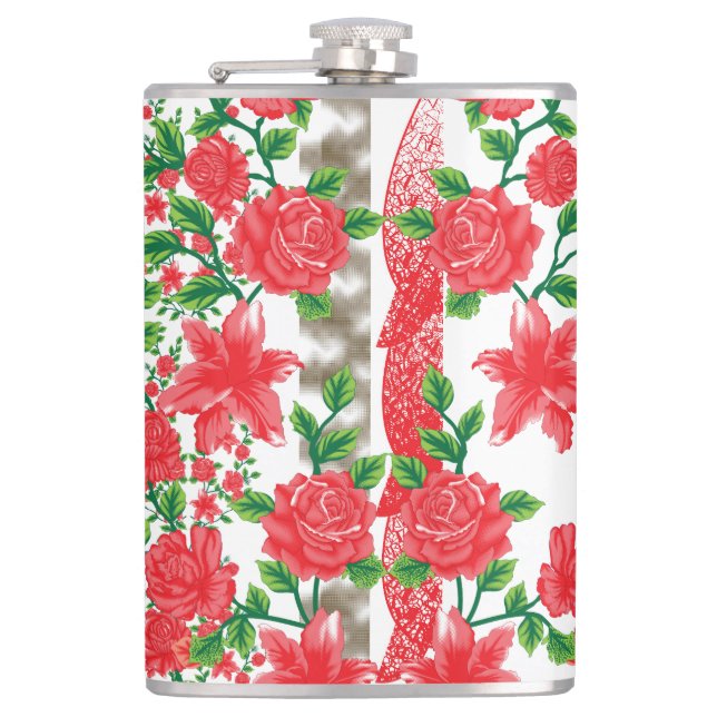 a bunch of red flowers on a white background hip flask (Front)