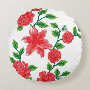 a bunch of red flowers on a white background round cushion