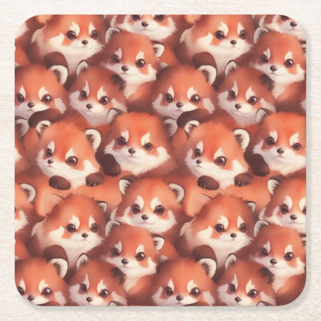 A bunch of red pandas square paper coaster (Front)
