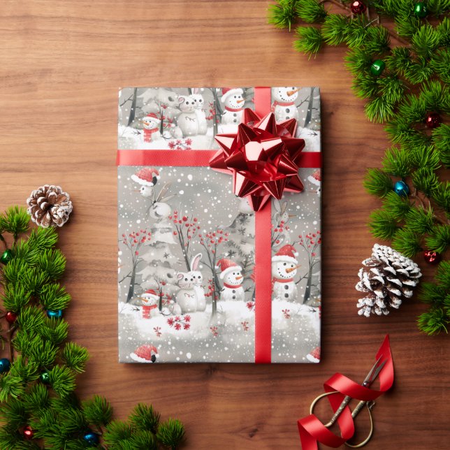 A Bunny & A Snowman In A Snowy Forest Wrapping Paper (Holiday Gift)