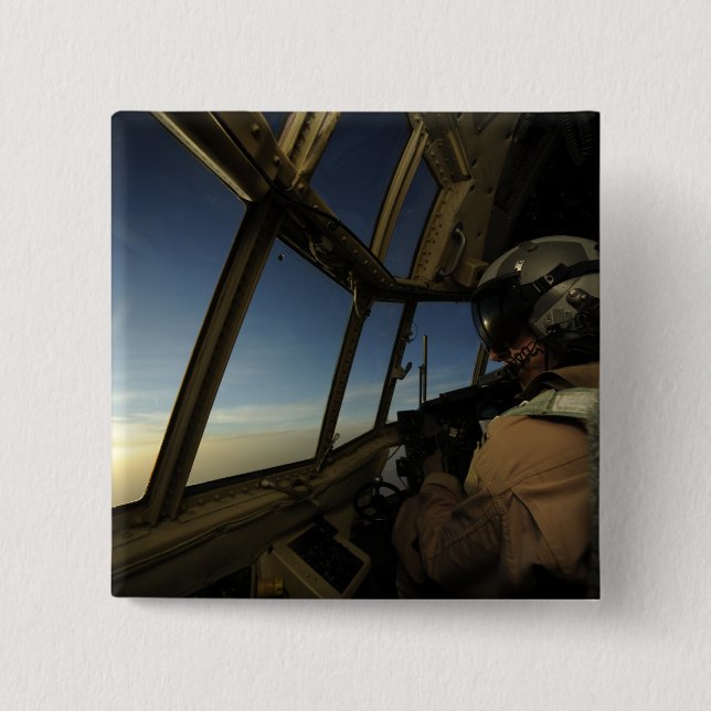 A C-130 Hercules pilot scans the horizon 15 Cm Square Badge (Front)