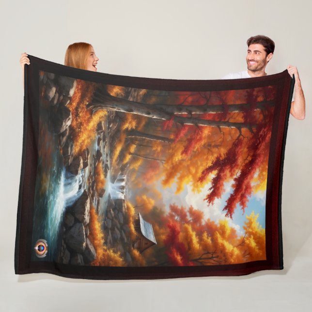 A Cabin In Autumn Woods AI Concept Art by Xzendor7 Fleece Blanket (In Situ)