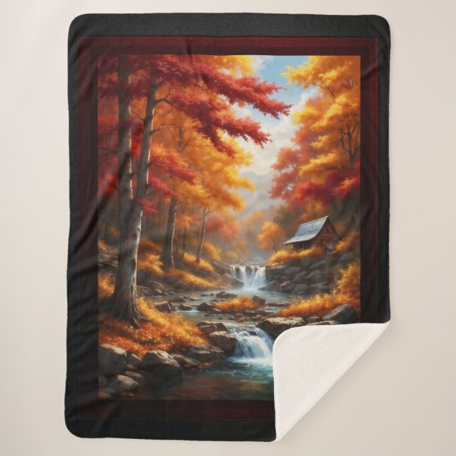 A Cabin In Autumn Woods AI Concept Art by Xzendor7 Sherpa Blanket (Front)