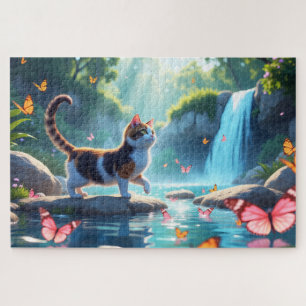 A Calico Cat Explores A Serene Forest Waterfall Jigsaw Puzzle
