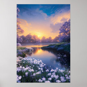 A Calm River in a Bed of White Flowers Poster
