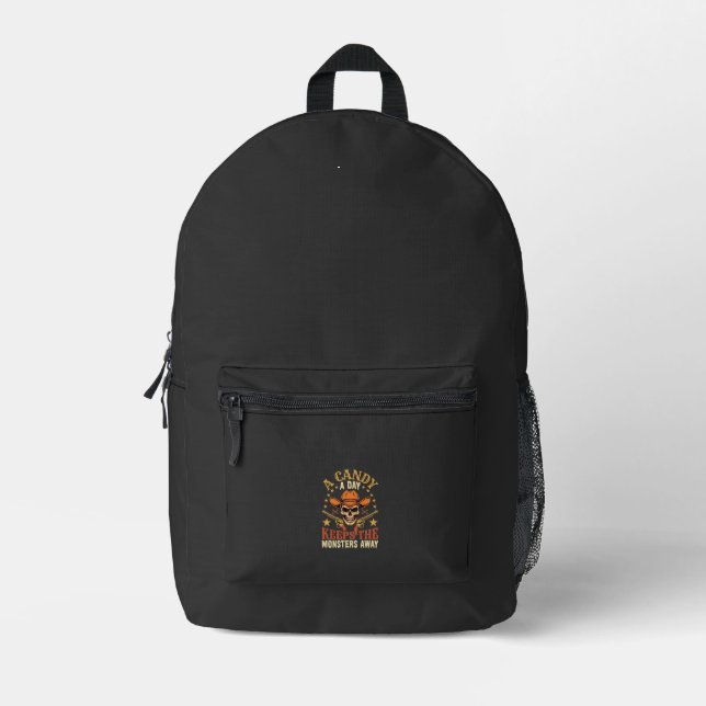 A Candy a Day Keeps the Monsters Away Halloween Sk Printed Backpack (Front)