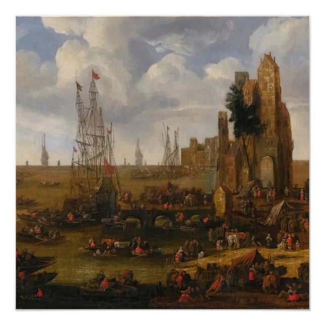 A Capriccio View Of A Busy Harbour Scene Poster (Front)