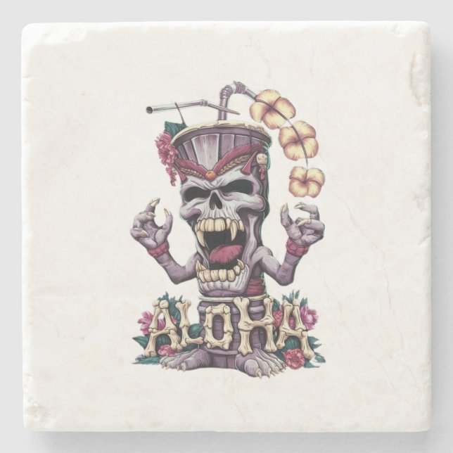 A captivating featuring an evil occult tiki-statue stone coaster (Front)