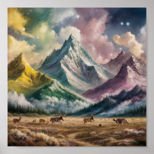 A captivating mountainscape painting evoking poster