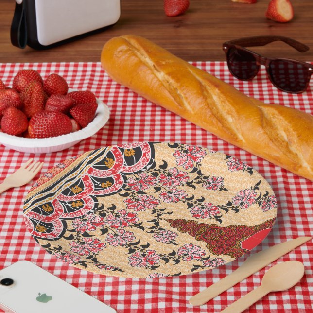 A captivating oriental pattern adorned with red fl paper plate (Picnic)