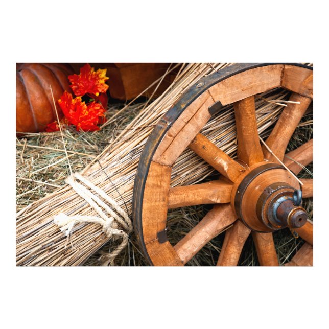 A Cart Wheel, Hay, Pumpkin Photo Print (Front)