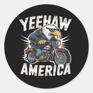a cartoon bald eagle riding a motorcycle classic round sticker