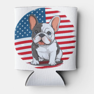 A cartoon French bulldog with American flag(1) Can Cooler