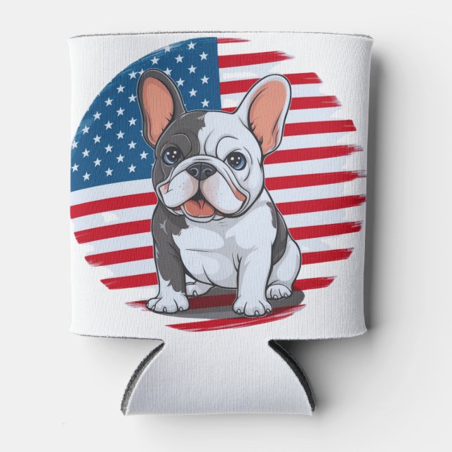 A cartoon French bulldog with American flag(1) Can Cooler (Front)