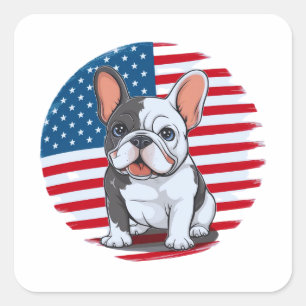 A cartoon French bulldog with American flag(1) Square Sticker